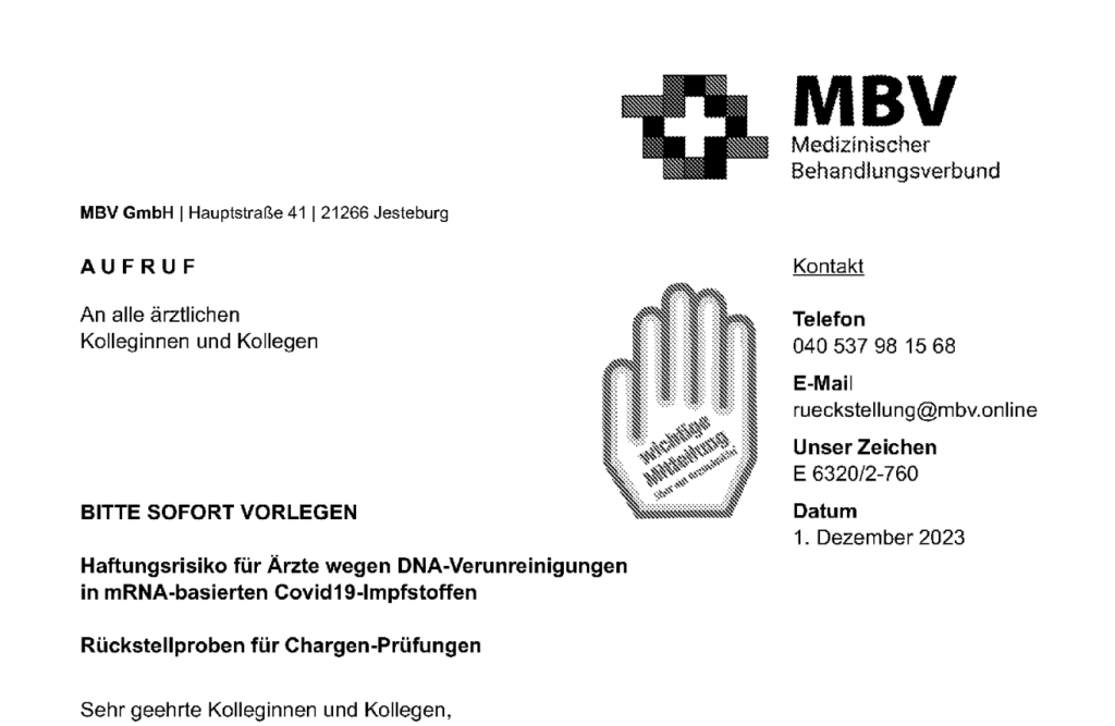 Medizinischer Behandlungsverbund (MBV) warnt Hausärzte vor DNA-Kontamination der Covid-19-mRNA-Impfstoffe