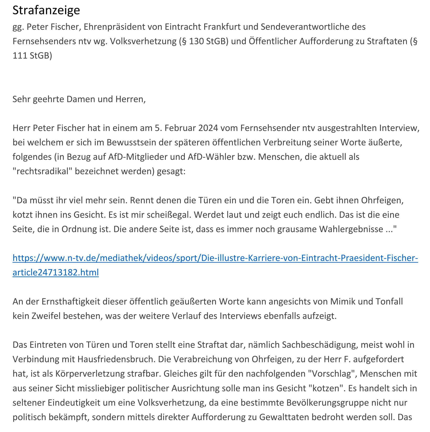 Strafanzeige - Aufforderung zu Straftaten