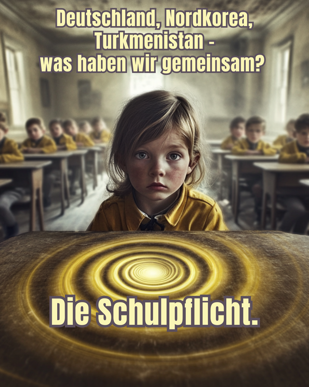 Ein Kind sitzt in der ersten Reihe einer Schulklasse mit traurigem Gesichtsausdruck. Im Vordergrund ein gelber Lichtkreis auf dem Tisch. Im Hintergrund sitzen weitere Kinder in Schuluniform.
