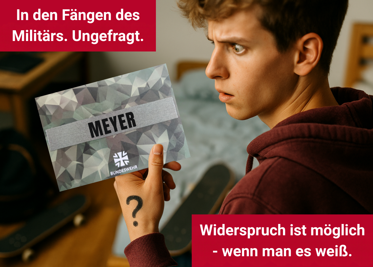 Jugendlicher hält irritiert einen Werbebrief der Bundeswehr in der Hand. Auf dem Umschlag steht „MEYER“. Auf seiner Hand ist ein Fragezeichen gemalt.